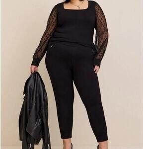 New Torrid Soft Knit Top Black Square Neck Polka Dot Mesh Long Sleeve Sz 2X